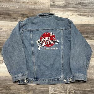 Vintage 90s Planet Hollywood Myrtle Beach Blue Mens M Trucker Denim Jean Jacket‎